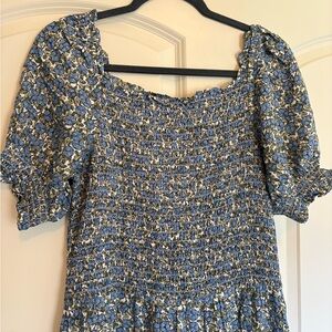 Floral Smocked Prairie Cottage Dress with Blue Green and White